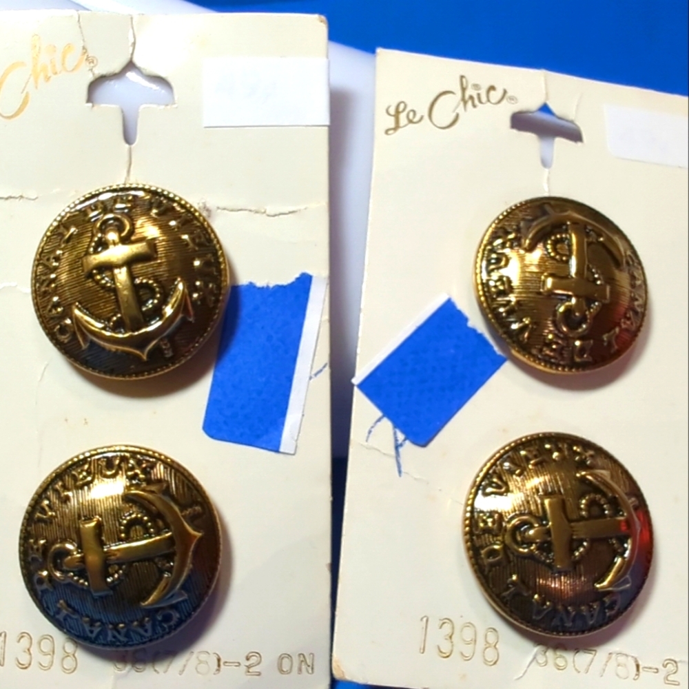 4 Vintage New Old Stock Le Chic Gold-tone Metal Anchor Buttons Original Cards